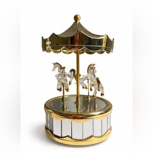 Vintage Glass Carousel Music Box 22KT Gold Plated hand sculpted Rotating Horses